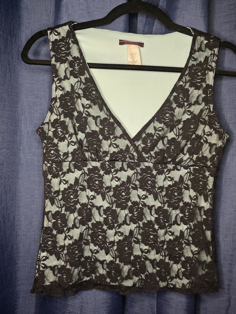 Von Mozart Black Floral Lace Overlay V-Neck Camisole with Light Teal Lining